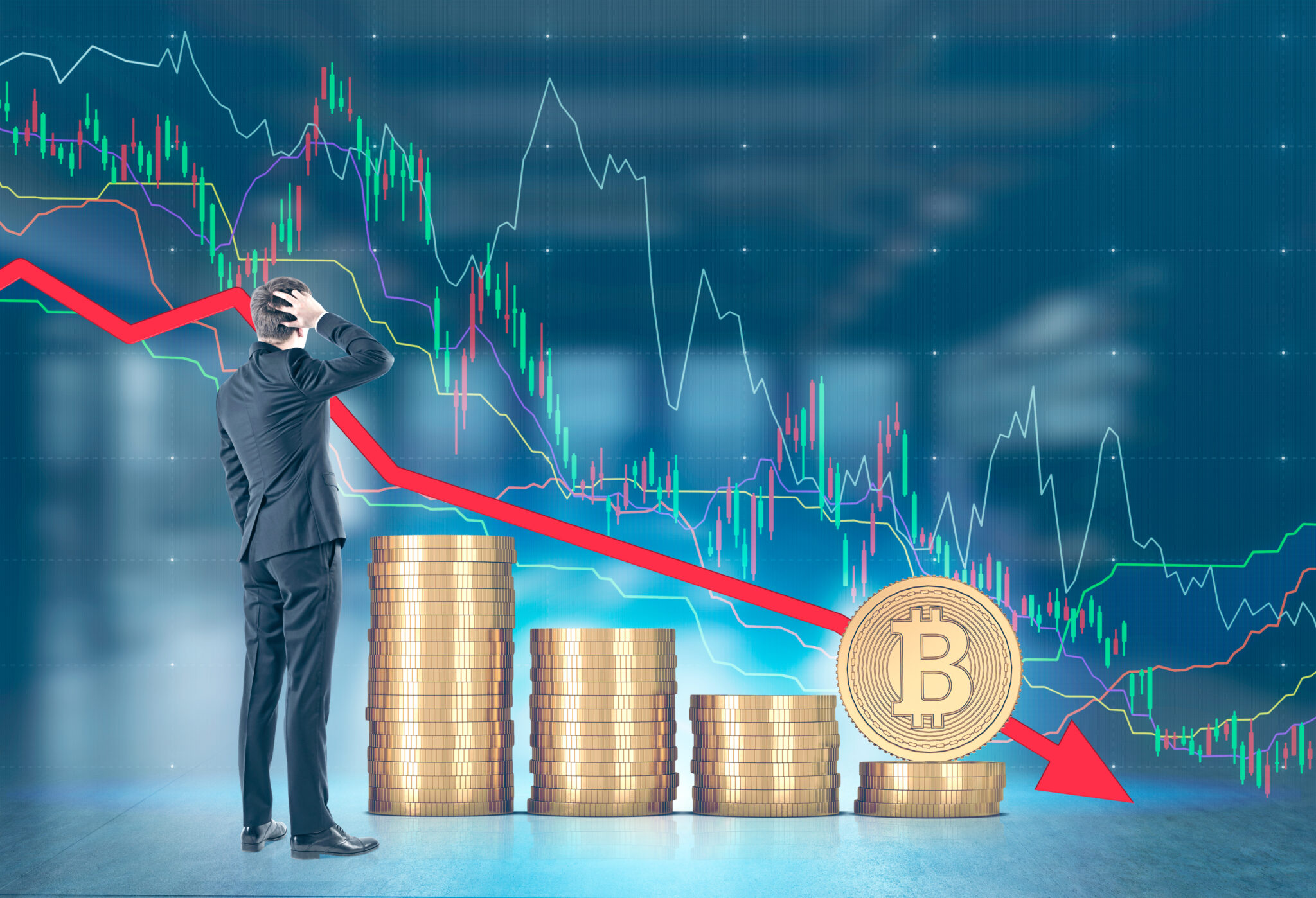 Confused businessman, rear view, bitcoin fall