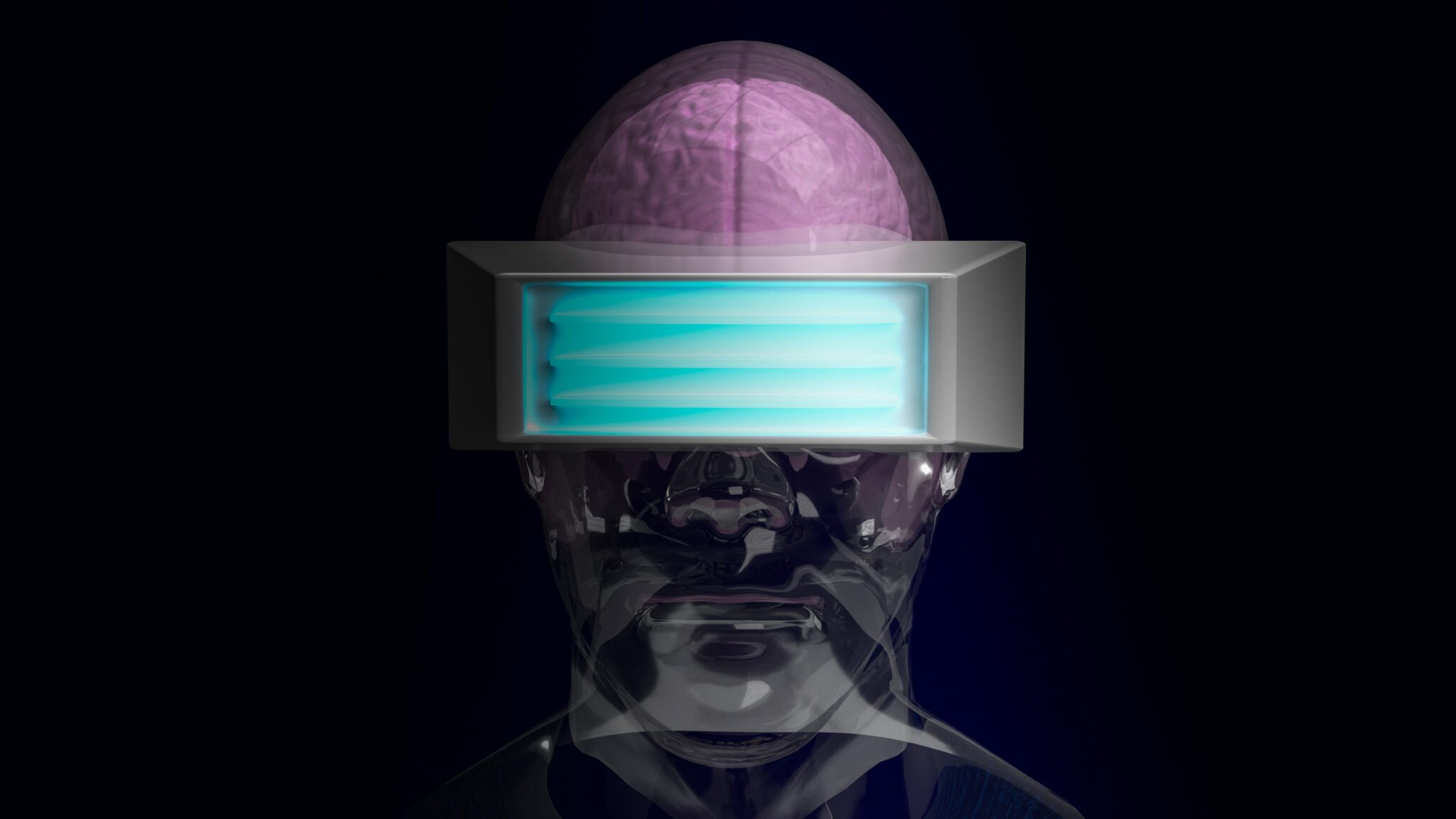 Crystal Head und Headset auf einem Tablet für die 3D-Darstellung von Metaverse-Inhalten