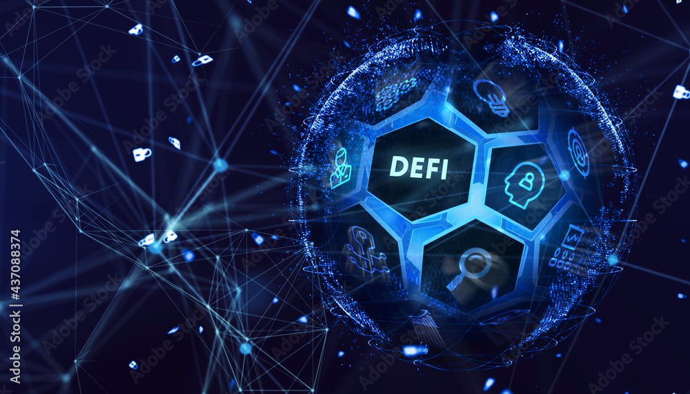 DeFi -Decentralized Finance on dark blue abstract polygonal background. Concept of blockchain, decentralized financial system