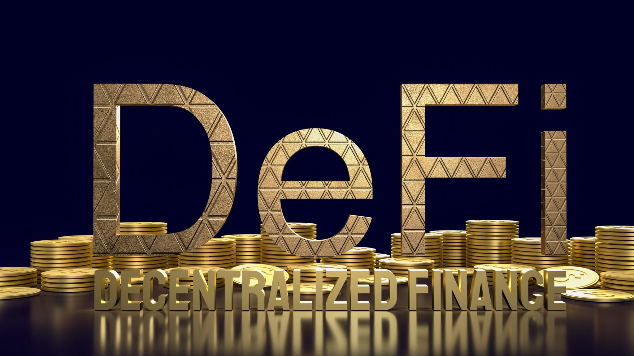 The  defi farming gold word and gold coins  for cryptocurrency business concept 3d rendering