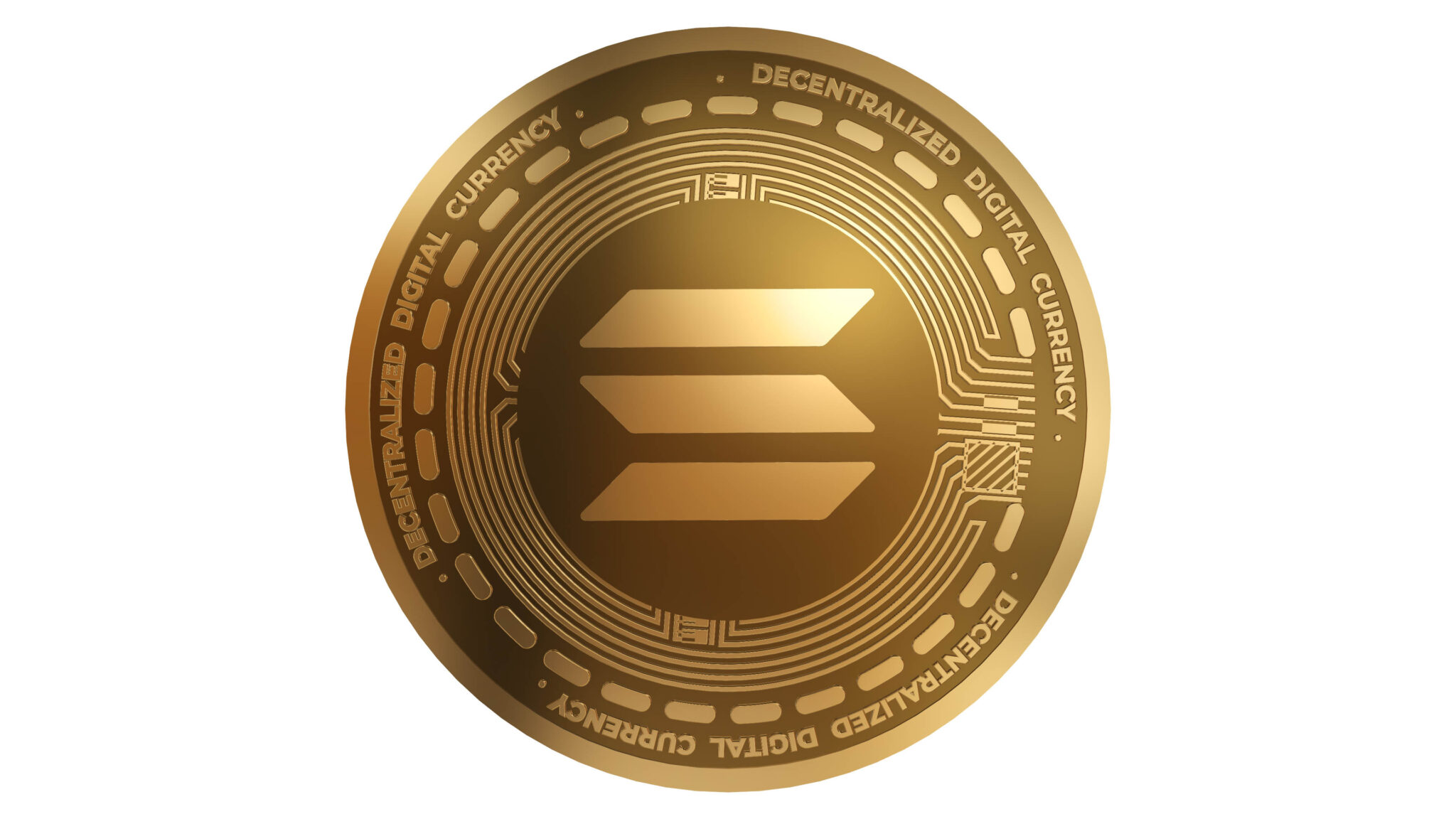 3D Render of Gold Solana SOL Cryptocurrency Sign Isolated on a White Background