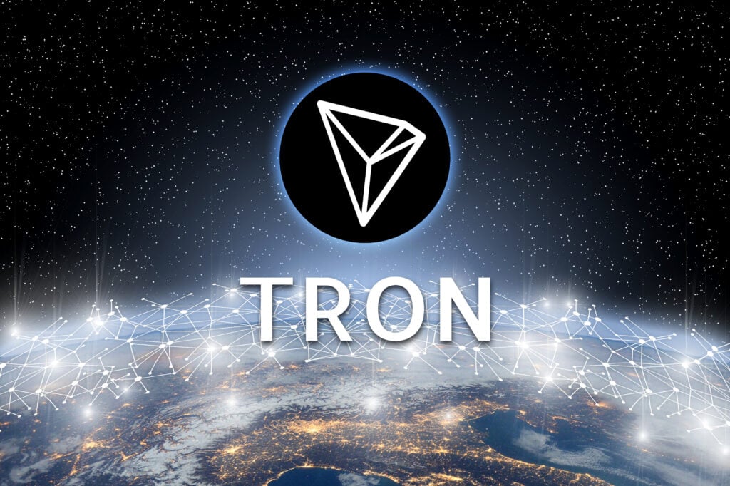 Concept of TRON coin floating over world network, a Cryptocurrency blockchain platform , Digital money