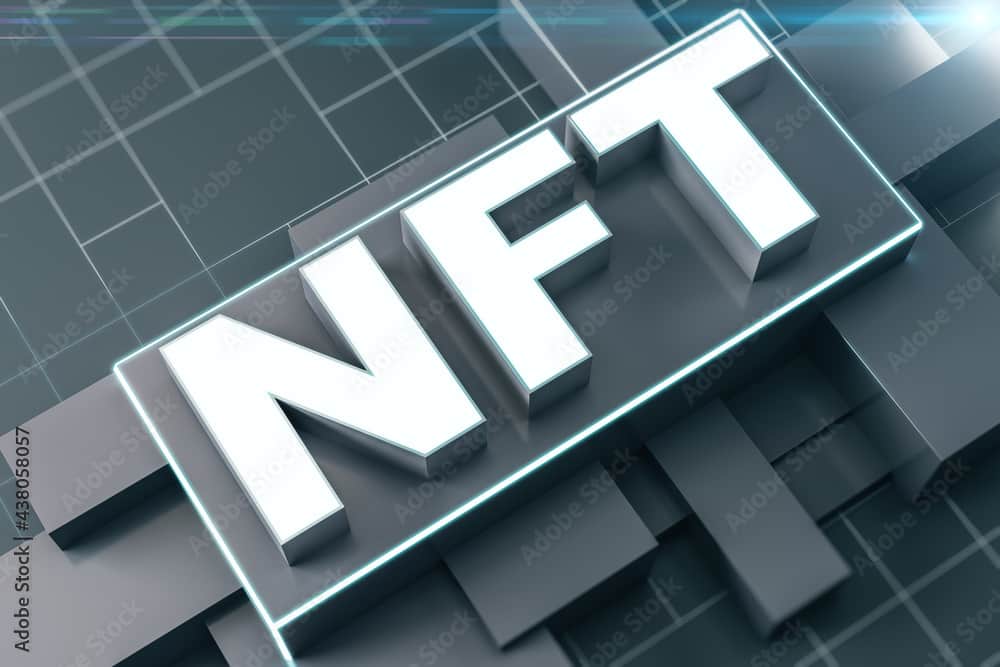 NFT nonfungible tokens concept - NFT word in black frame on abstract technology background. 3D Rendering.