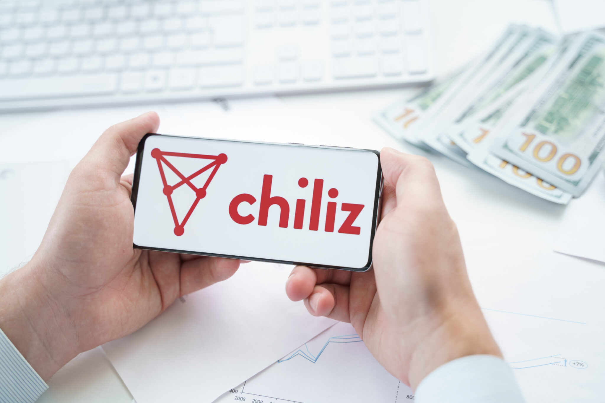 Russia Moscow 20.05.2021 Chiliz,CHZ logo in mobile phone.Cryptocurrency decentralized exchange DEX.Trading blockchain platform.Swap,buy,sell crypto token,digital coin Bitcoin,Ethereum.Business,invest.