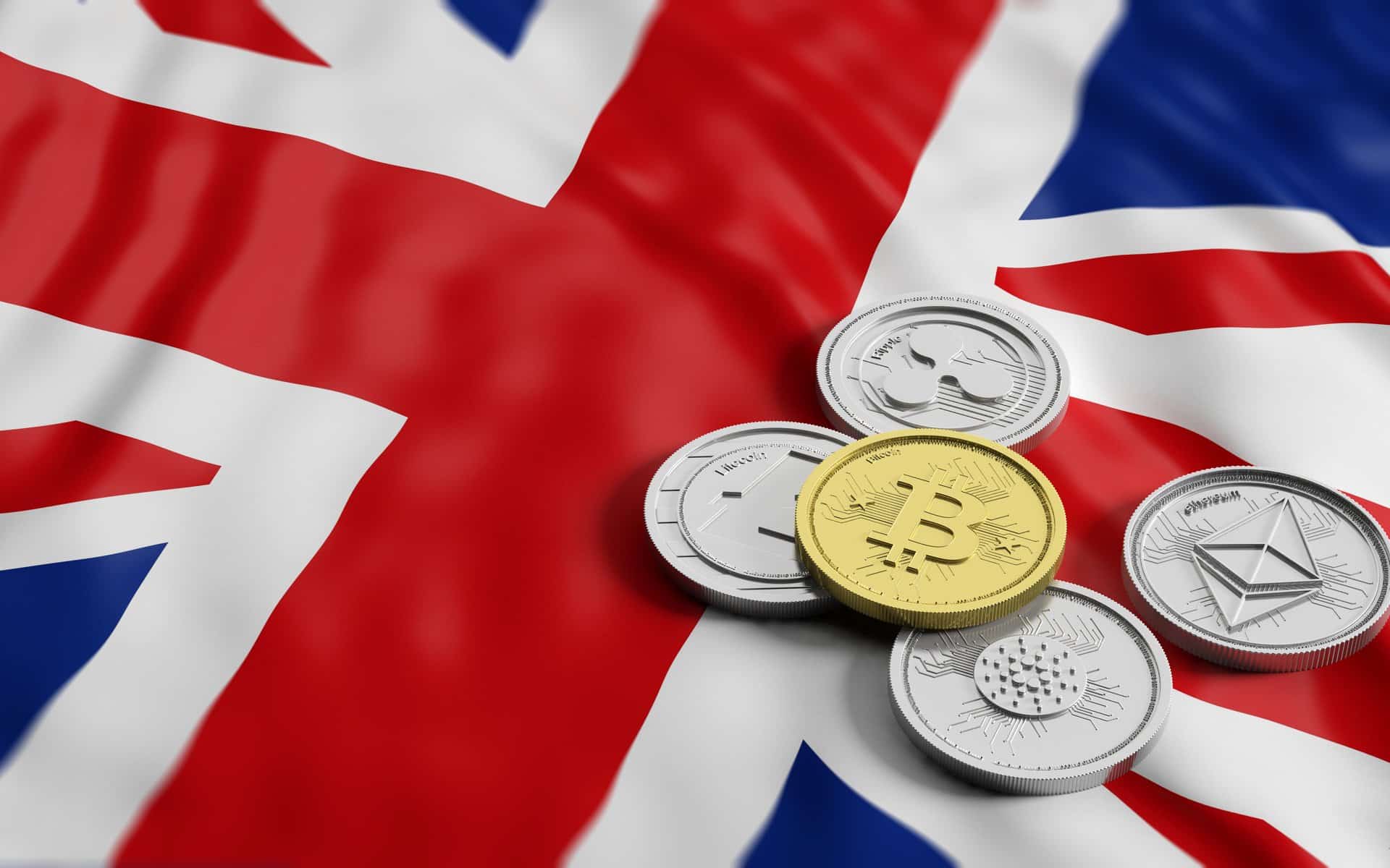 Le drapeau du Royaume-Uni avec des pièces de cryptos