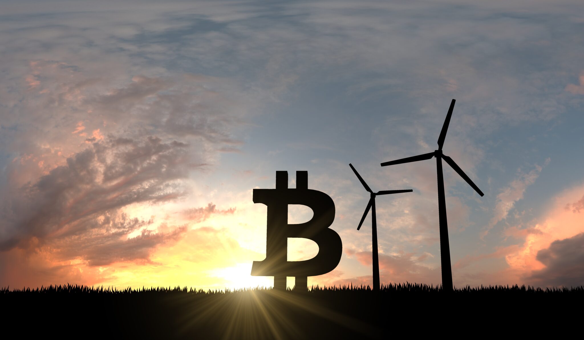 Bitcoin cryptocurrency logo silhouette with sustainable wind turbines. 3D Rendering