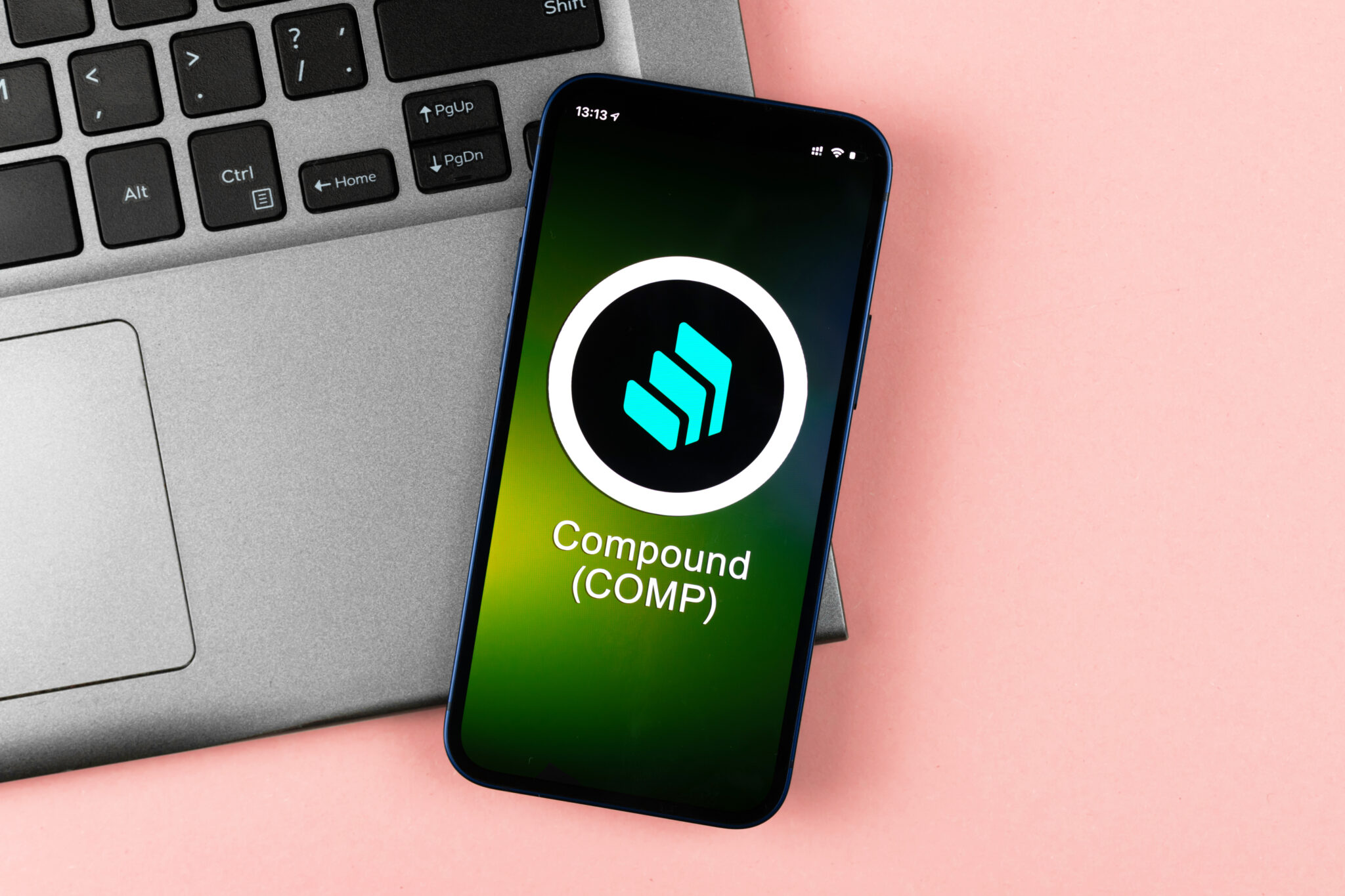 Compound symbol. Trade with cryptocurrency, digital and virtual money, banking with mobile phone concept. Business workspace, table top view