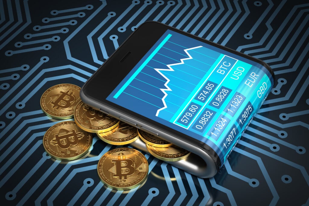 Concept Of Digital Wallet And Gold Bitcoins On Printed Circuit Board