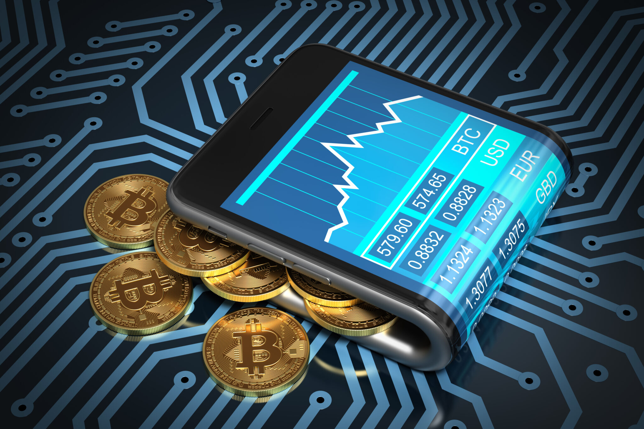 Concept Of Digital Wallet And Gold Bitcoins On Printed Circuit Board