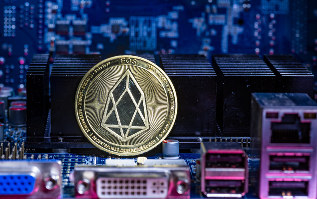 Front view of Eos cryptocurrency physical coin