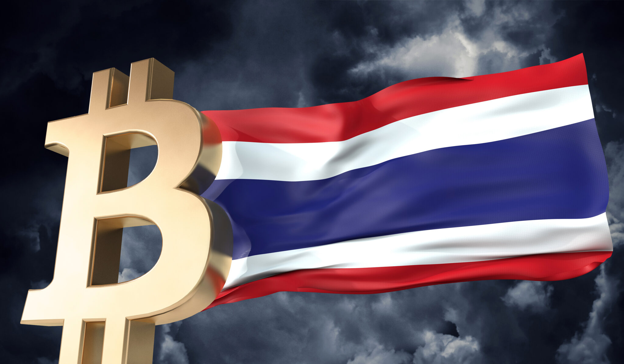 Gold bitcoin cryptocurrency with a waving Thailand flag. 3D Rendering