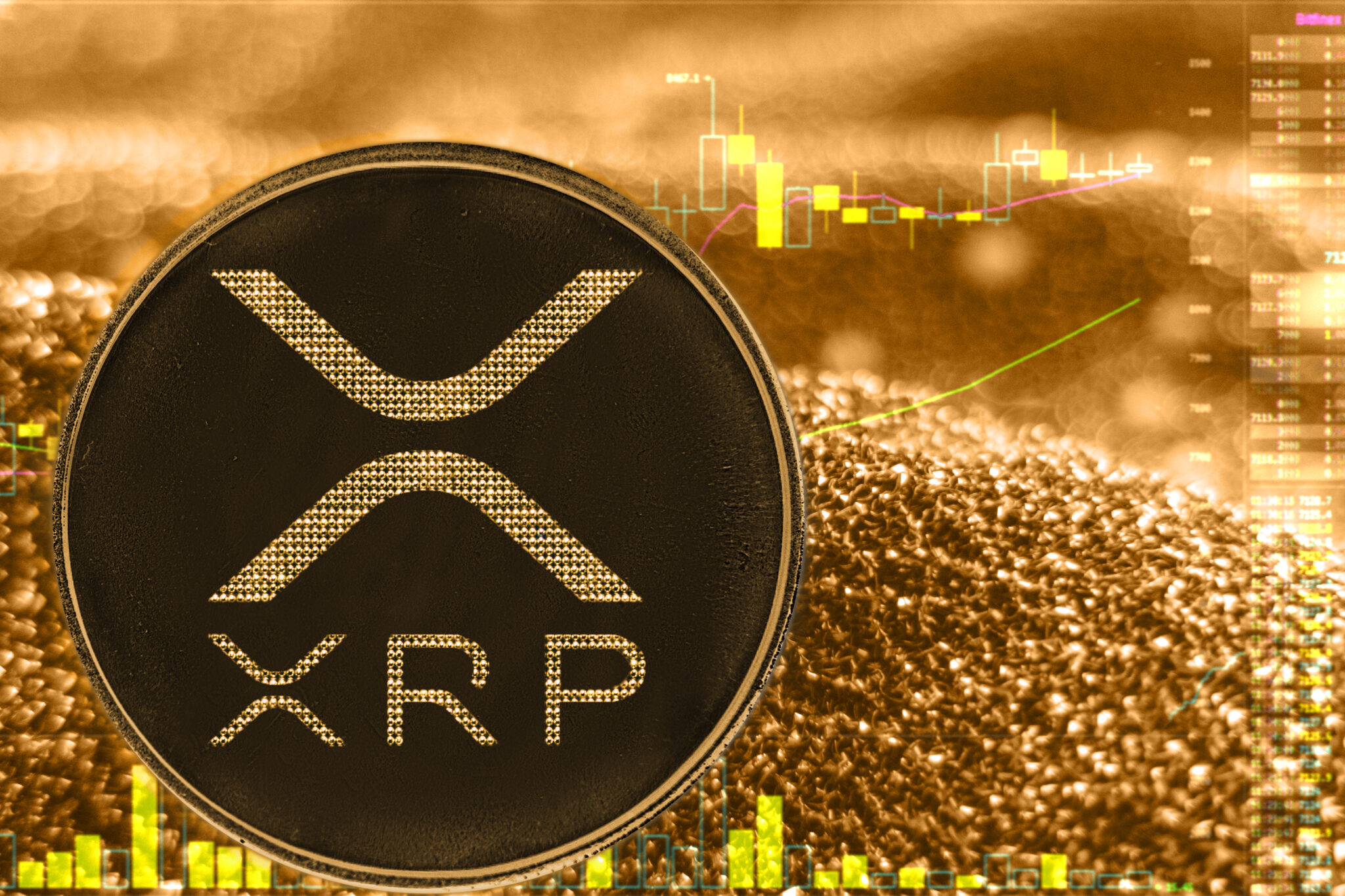 Coin cryptocurrency ripple xrp on golden graph.