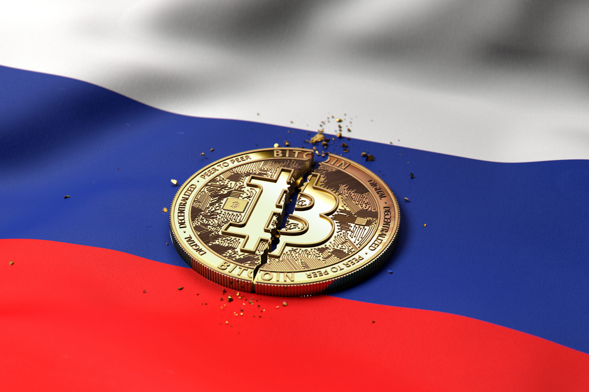 Cracked Bitcoin coin on Russian flag. Bad Bitcoin condition in Russia concept. 3D Rendering