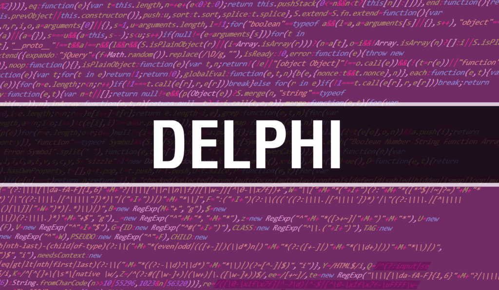 Delphi text written on Programming code abstract technology background of software developer and Computer script. Delphi concept of code on computer monitor. Coding Delphi programming websit