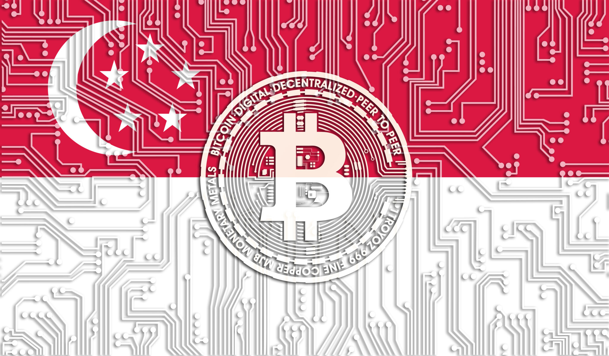flag of Singapore and bitcoin, Integrated Circuit Board pattern. Bitcoin Stock Growth. Conceptual image for investors in cryptocurrency and Blockchain Technology.