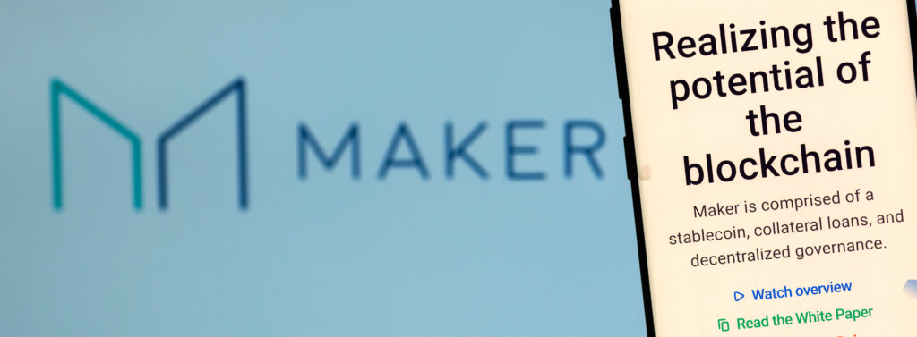 KIEV, UKRAINE - APRIL 2, 2020: MAKER ( MKR ) cryptocurrency website displayed on the smartphone screen.