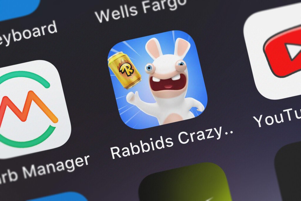 London, United Kingdom - September 29, 2018: Close-up shot of the Rabbids Crazy Rush mobile app from Ubisoft.