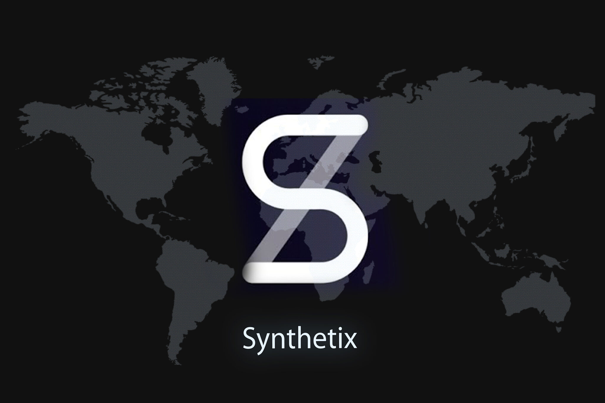 Synthetix Abstract Cryptocurrency. With a dark background and a world map. Graphic concept for your design.