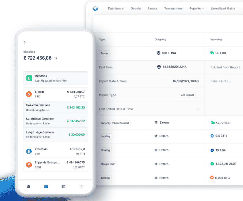 l'interface sur smartphone et ordinateur de l'outil cryptotax, pour sa fiscalité et ses impôts