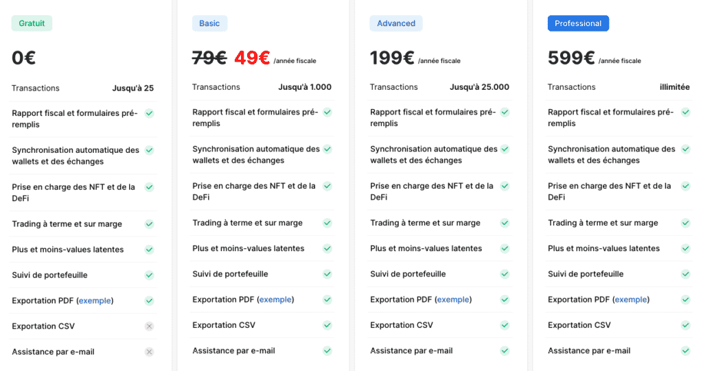 les tarifs de l'outil cryptotax pour la fiscalité et ses impôts