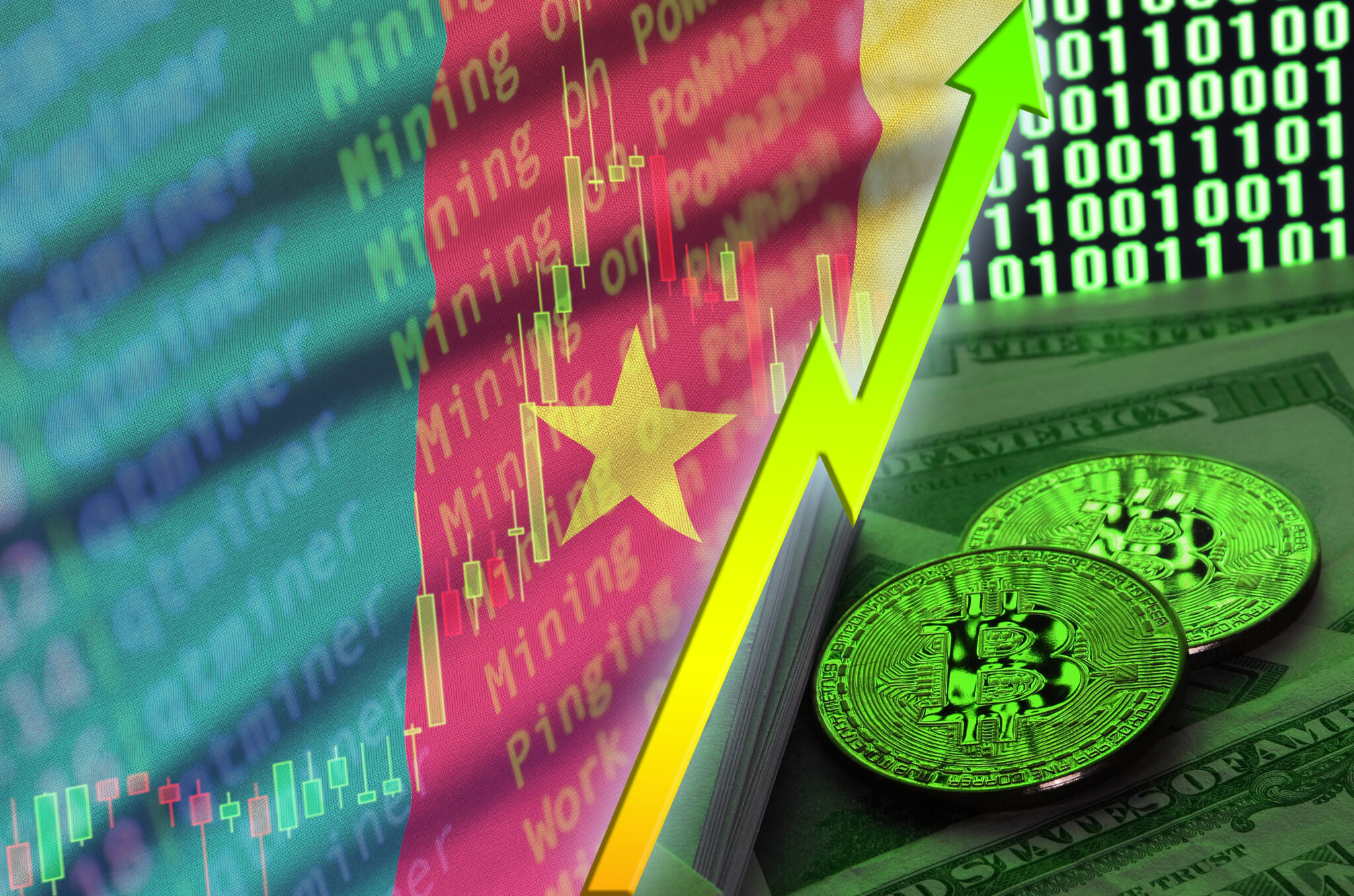 Cameroon flag and cryptocurrency growing trend with two bitcoins on dollar bills and binary code display
