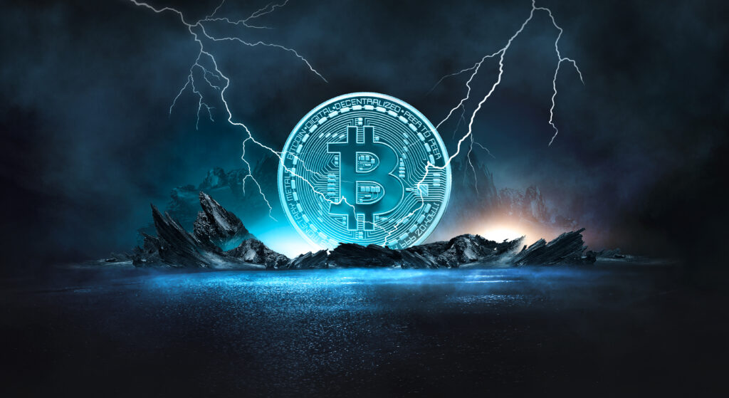 Dark, night abstract fantasy landscape with island, pyramids, bitcoin and lightning. Reflection of neon in water, sea, ocean. Smoke, smog on the shore. A modern futuristic landscape with bitcoin.