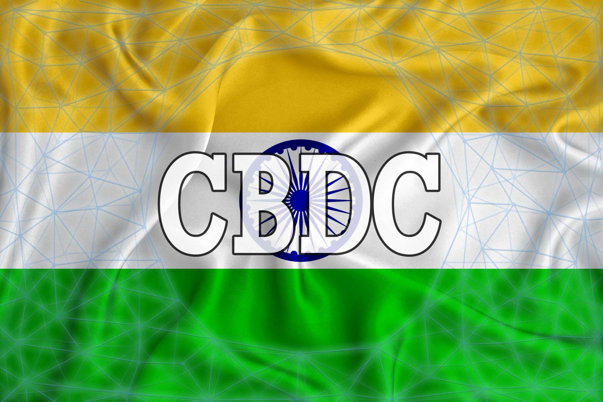 The flag of India with the inscription CBDC (Central Bank Digital Currency) and the blockchain network around it.  Graphic concept for your design.  3D view