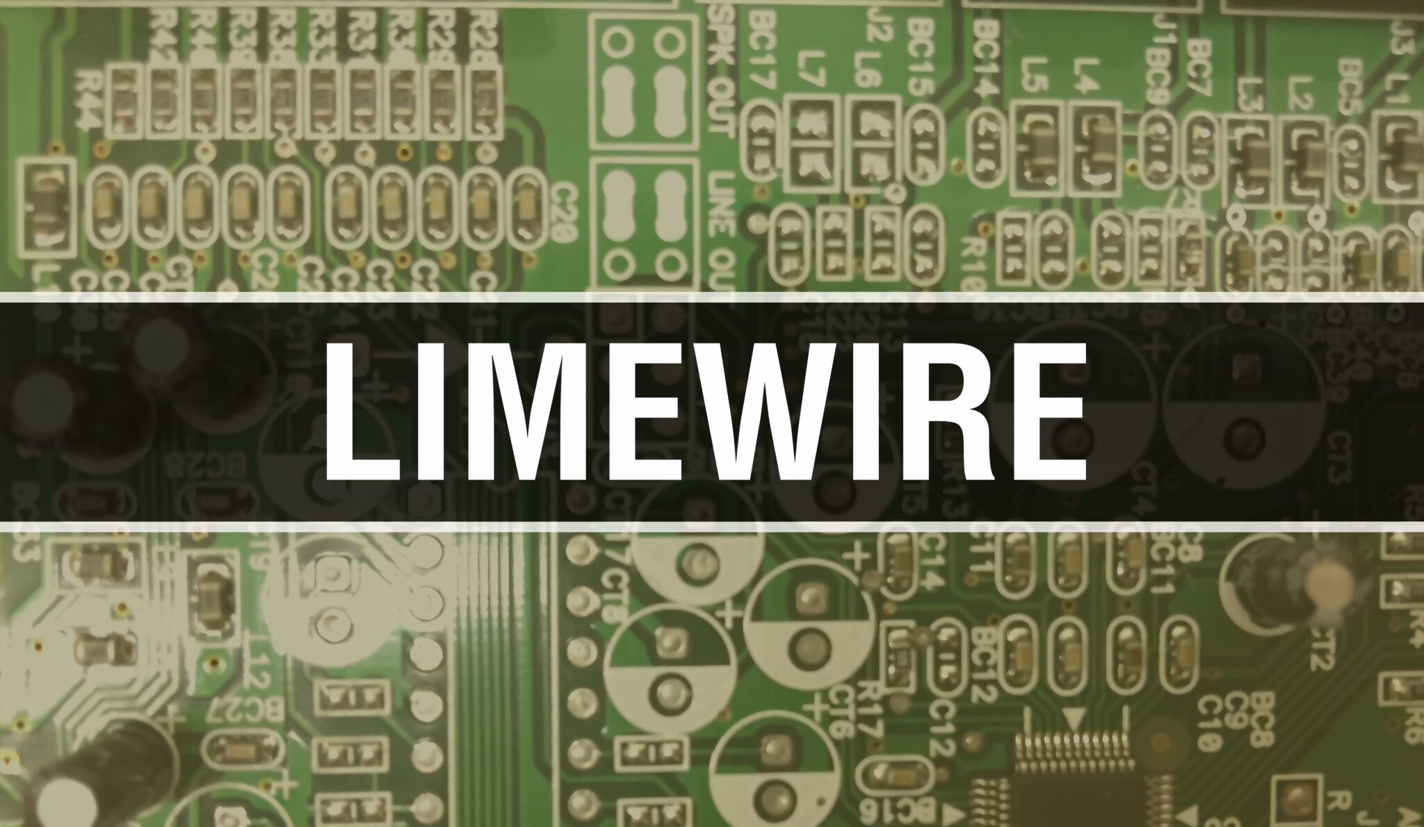 LimeWire concept with Computer motherboard. LimeWire text written on Technology Motherboard Digital technology background. LimeWire with printed circuit board and Chip close up on integrated circui