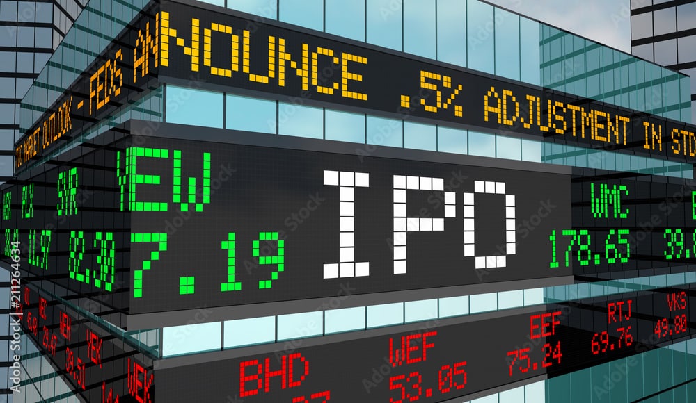 IPO Initial Private Offering Stock Market Ticker Building 3d Illustration