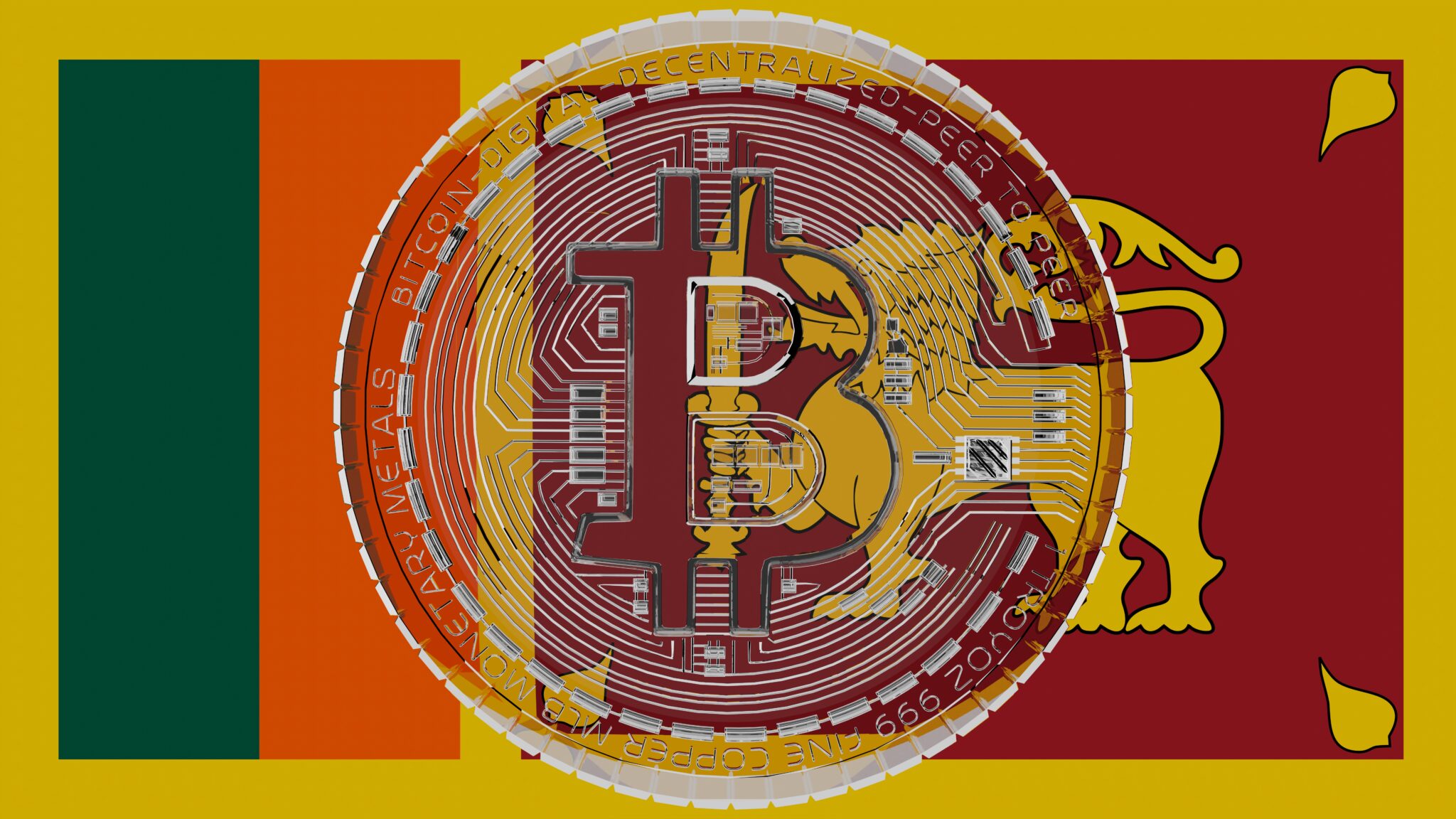 Large transparent Glass Bitcoin in center and on top of the Country Flag of Sri Lanka