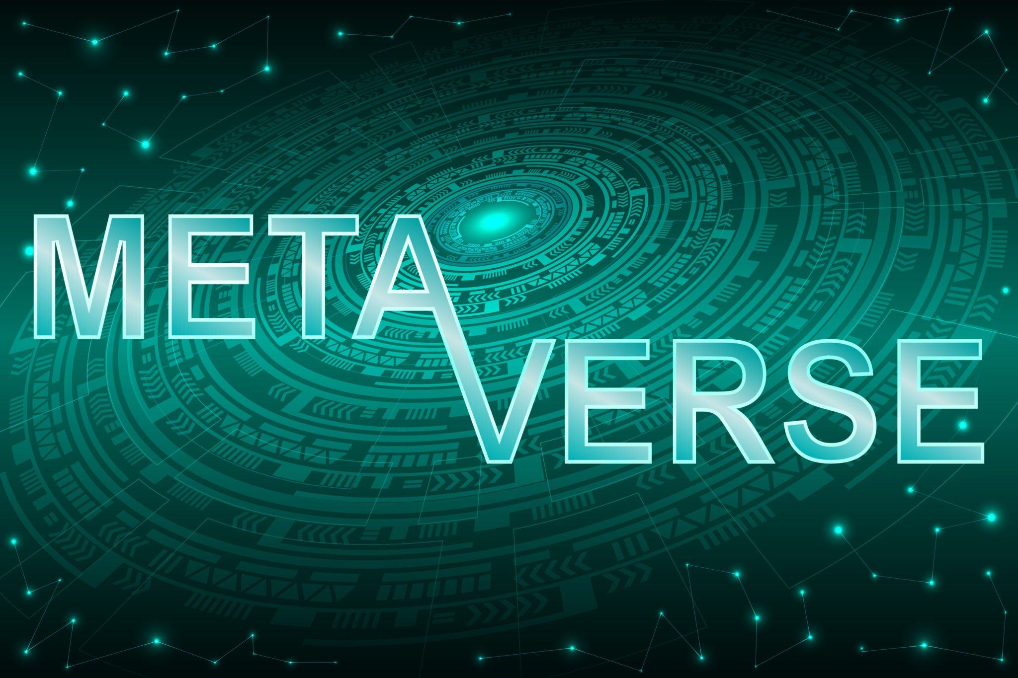 Metaverse text design on an abstract futuristic green background.  Metaverse, virtual reality, augmented reality and blockchain technology, user interface 3D experience.