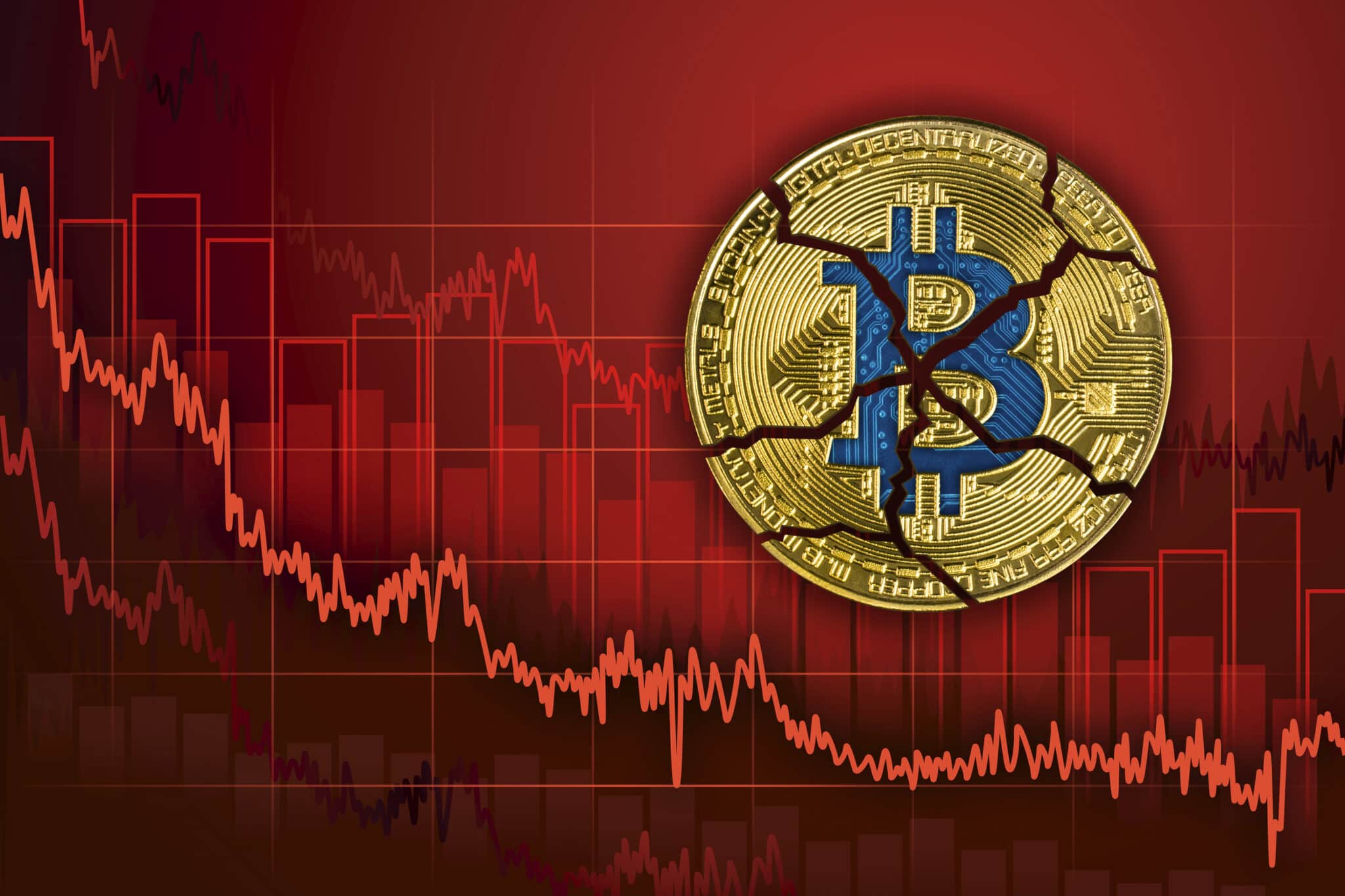 Broken bitcoin. Fall in exchange and decrease of value cryptocurrency. Falling downtrend price graph background.