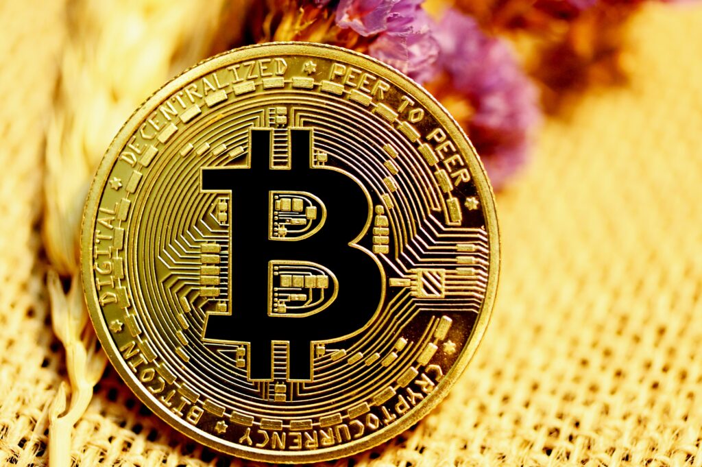 A bitcoin with a purple flower on a woven surface