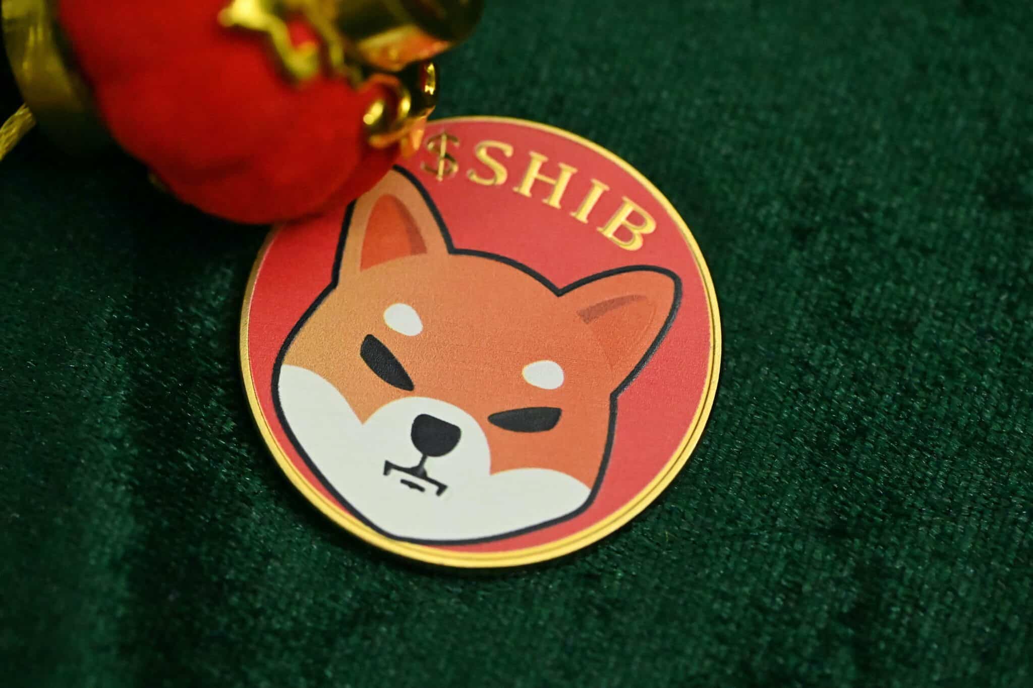 A red SHIB coin on a green velvet