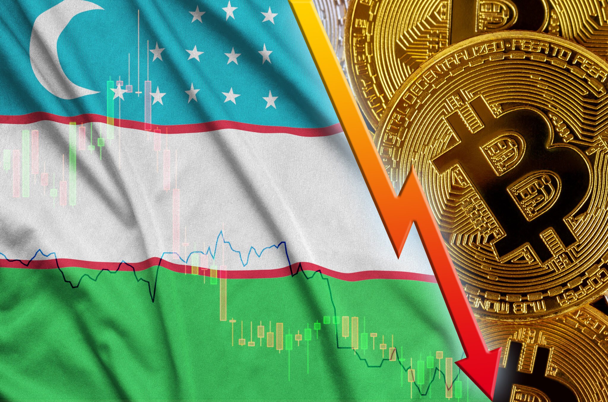 Uzbekistan flag and cryptocurrency falling trend with many golden bitcoins