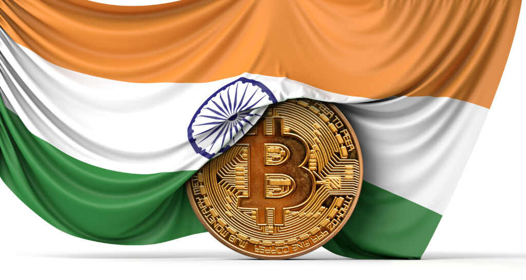 India flag draped over a bitcoin cryptocurrency coin. 3D Rendering