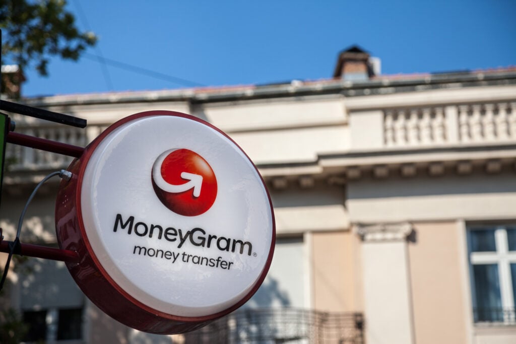 BELGRADE, SERBIA - JULY 11, 2018: Moneygram logo on their main exchange office for Belgrade. Moneygram is an American financial services company specialized in Money transfers