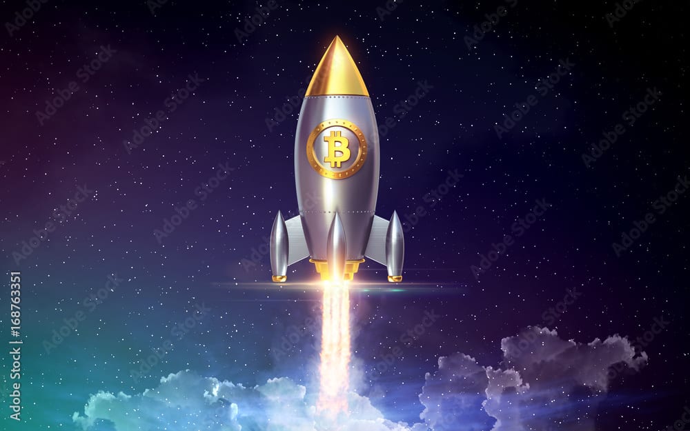 Bitcoin rocket launcher, cryptocurrency concept. The growth rate of the gold coin for designers and breaking news. Gold piece appreciation in the form. 3d render