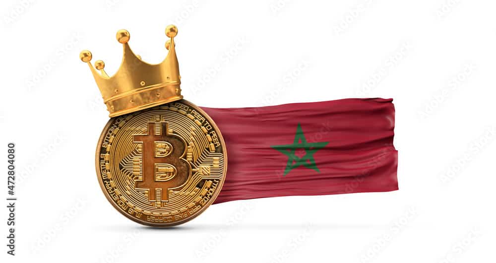 Bitcoin with gold crown and Morocco flag. Cryptocurrency king concept. 3D Rendering