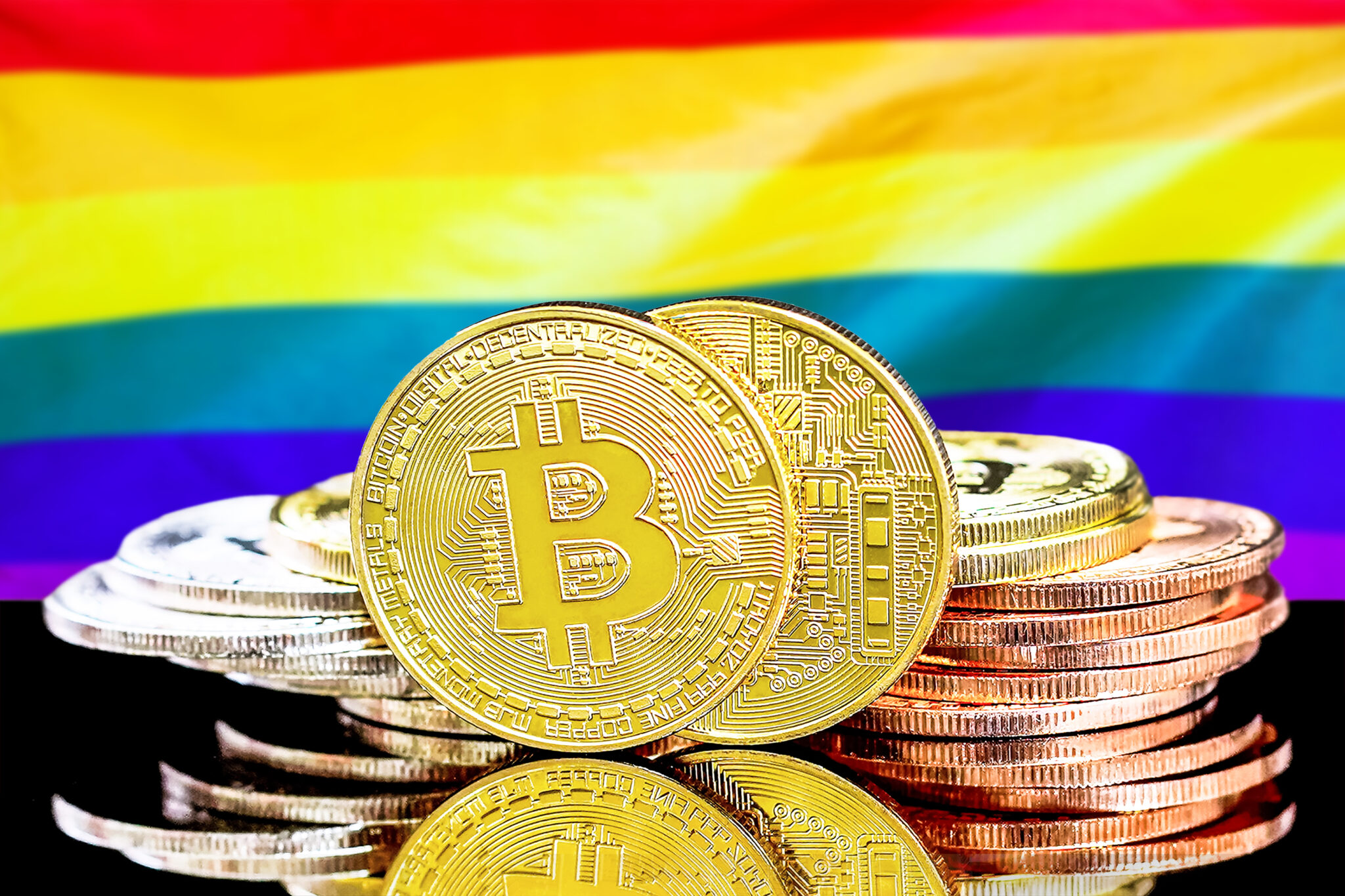 bitcoins on LGBT gay flag background