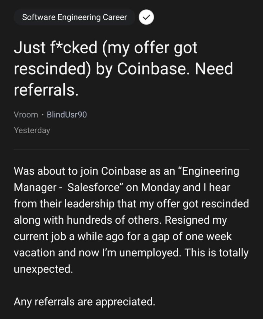 Coinbase rescinded gel embauche