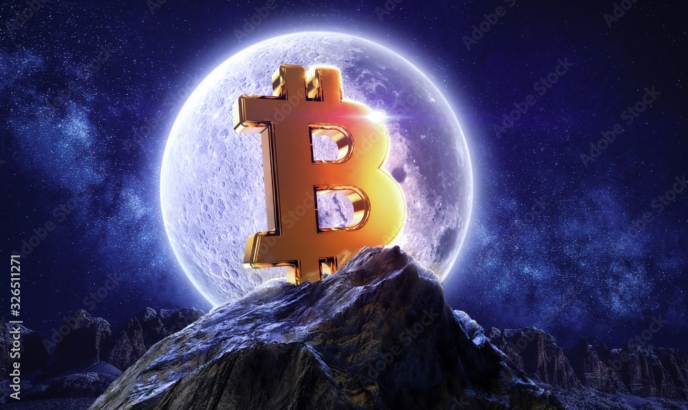 Moon bitcoin live. btc price double investment. Moonlight space logo with mountain shine