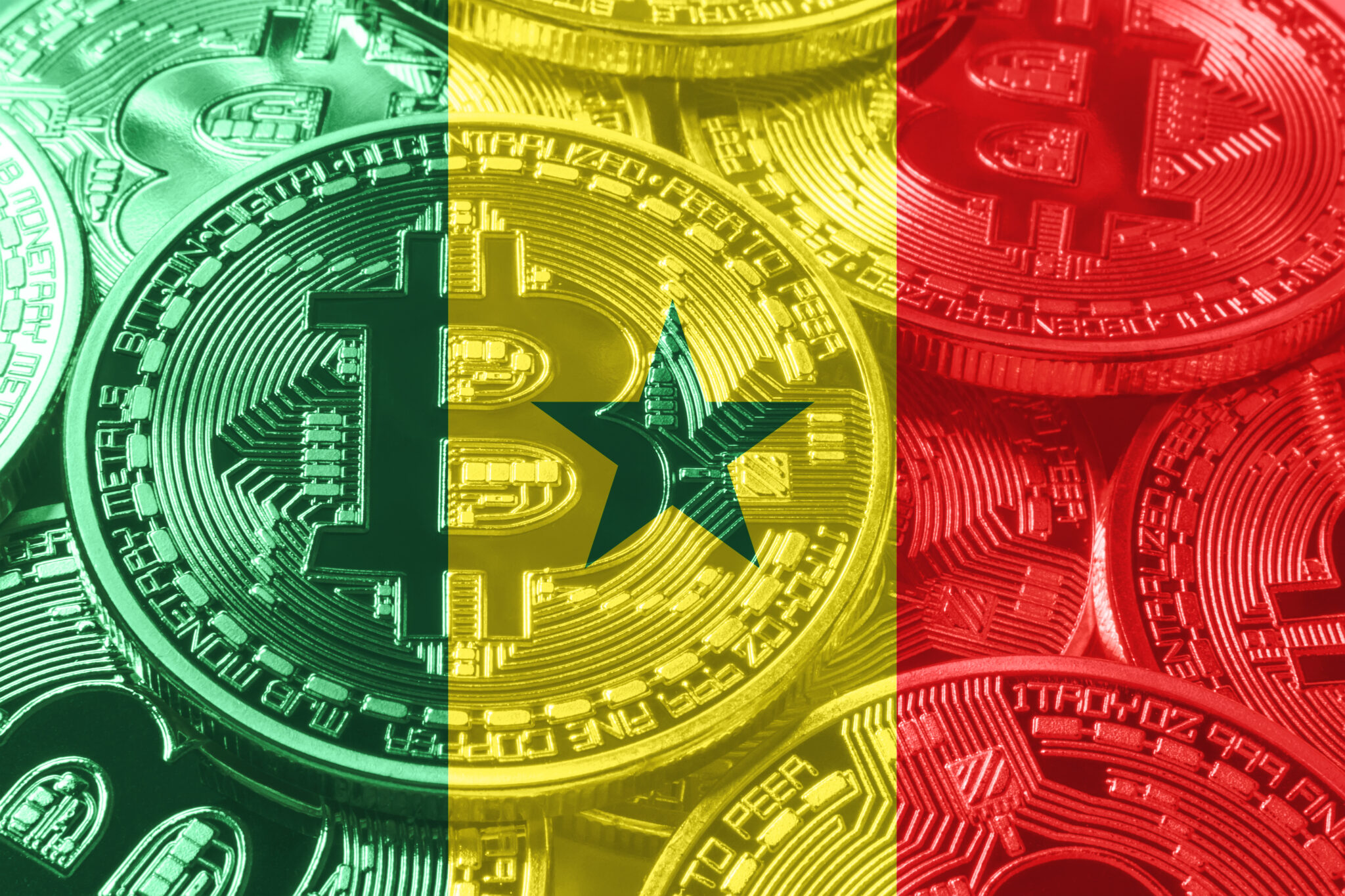 Senegal bitcoin flag, national flag cryptocurrency concept black background