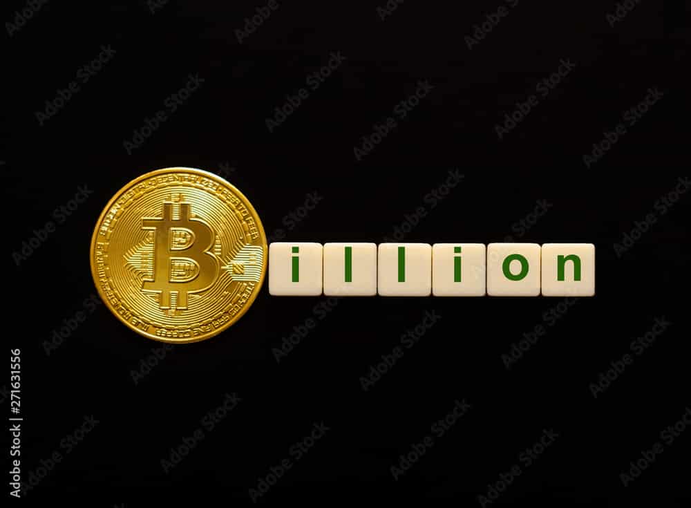 Word Billion made up of cubes. The first letter of the word is symbolized by a bitcoin coin. Concept of strong BTC, bitcoin growth rate, price increase, blockchain confidence, positive price outlook.