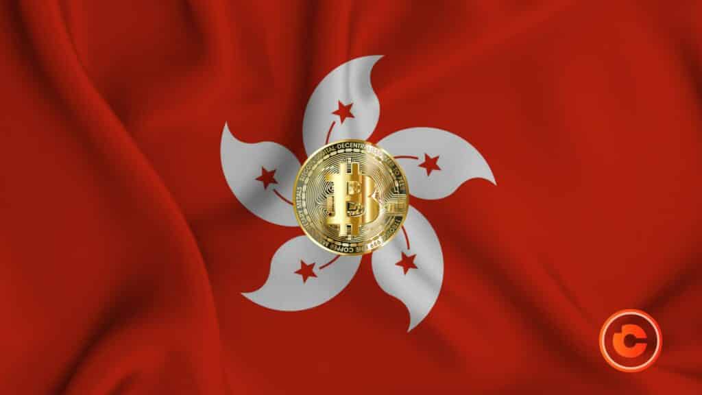drapeau de hong kong avec un bitcoin posé en son centre