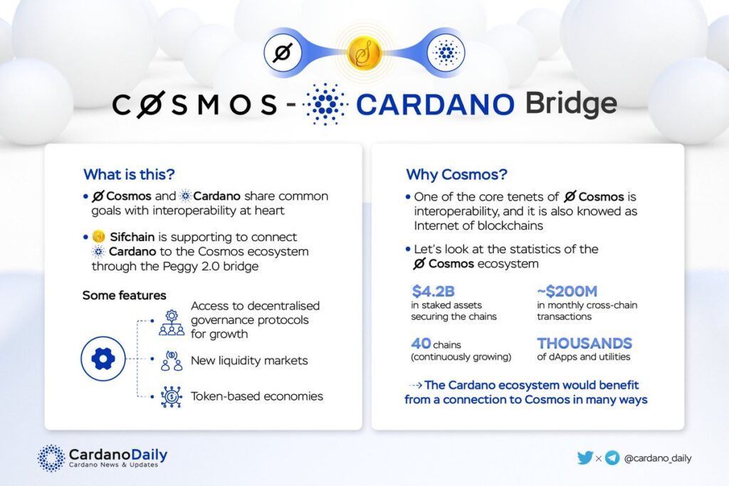 Being the eighth best cryptocurrency, Cardano has to find solutions to stay in the race.  To this end, what's better than a bridge to the Cosmos ecosystem (ATOM).  In addition to having common goals, the bridge powered by Sifchain and Peggy 2.0 will raise awareness of the two blockchain families.  In addition, it will also produce brand new network effects.