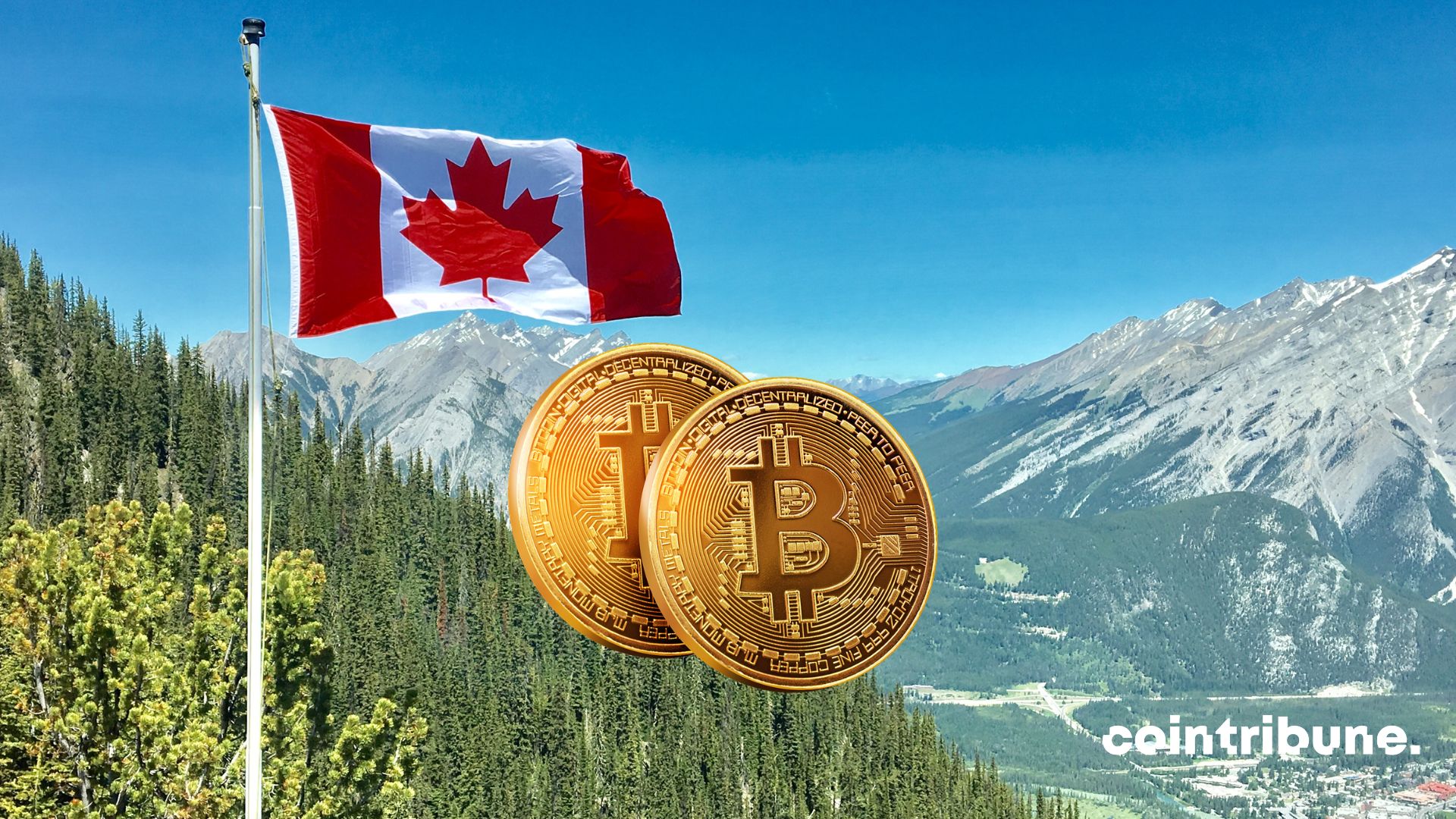 Drapeau du Canada et deux bitcoins