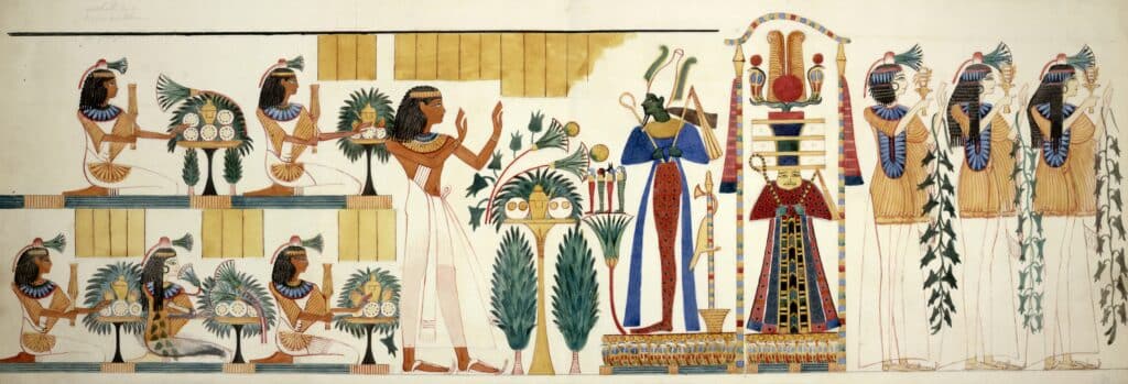 Fresque d'Égypte antique. La monnaie était alors utilisée comme unité de valeur et non comme moyen d'échange, comme le dit Yorick de Mombynes.
