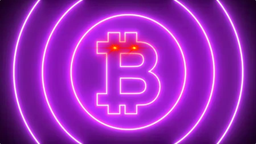 Purple bitcoin logo with red eyes