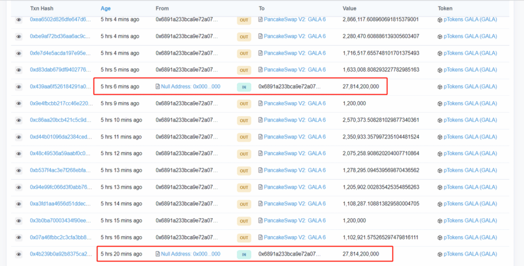 Capture d'écran des transactions douteuses en GALA sur la BscScan